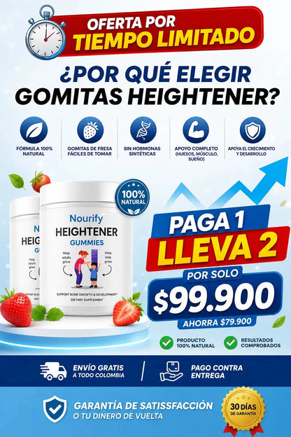 HEIGHTENER 60 GUMMIES Suplemento Natural De Crecimiento paga 1 lleva 2